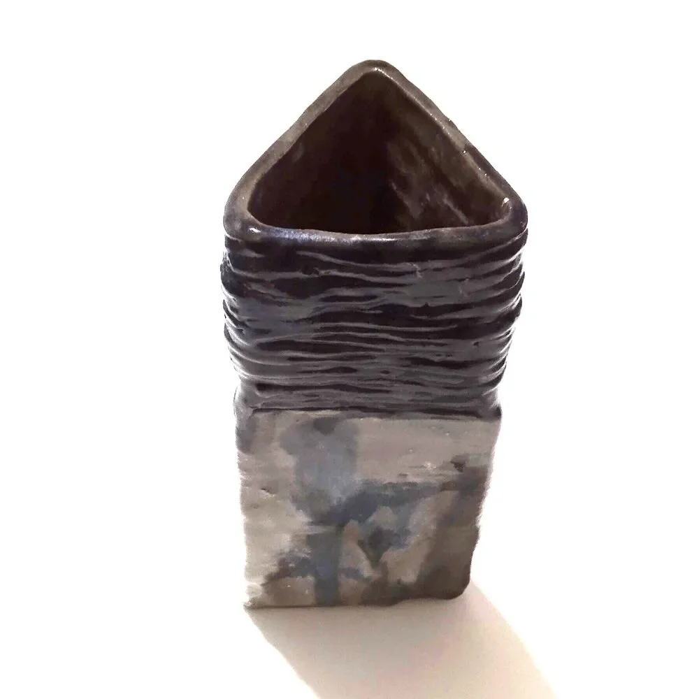 Vintage Glazed Triangular Studio Art Pottery Vase Handmade 10 Inch